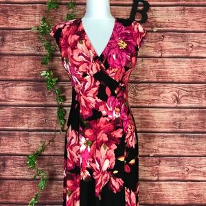 Evan Picone Dress 6 Pink Black Floral Tropical